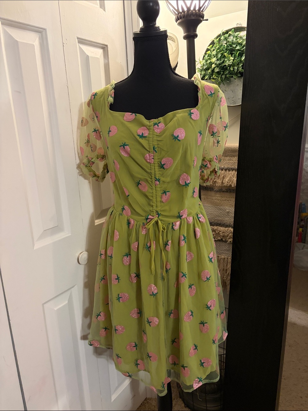 Vintage Smak Parlour Avocado & Pink Strawberry Print Woodstock Flare Mini Dress